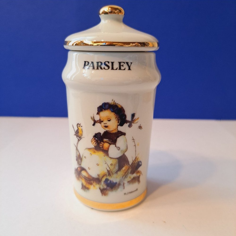 M J Hummel Porcelain Kitchen Spice Jar 24kt Gold Trim PARSLEY vintage 1987